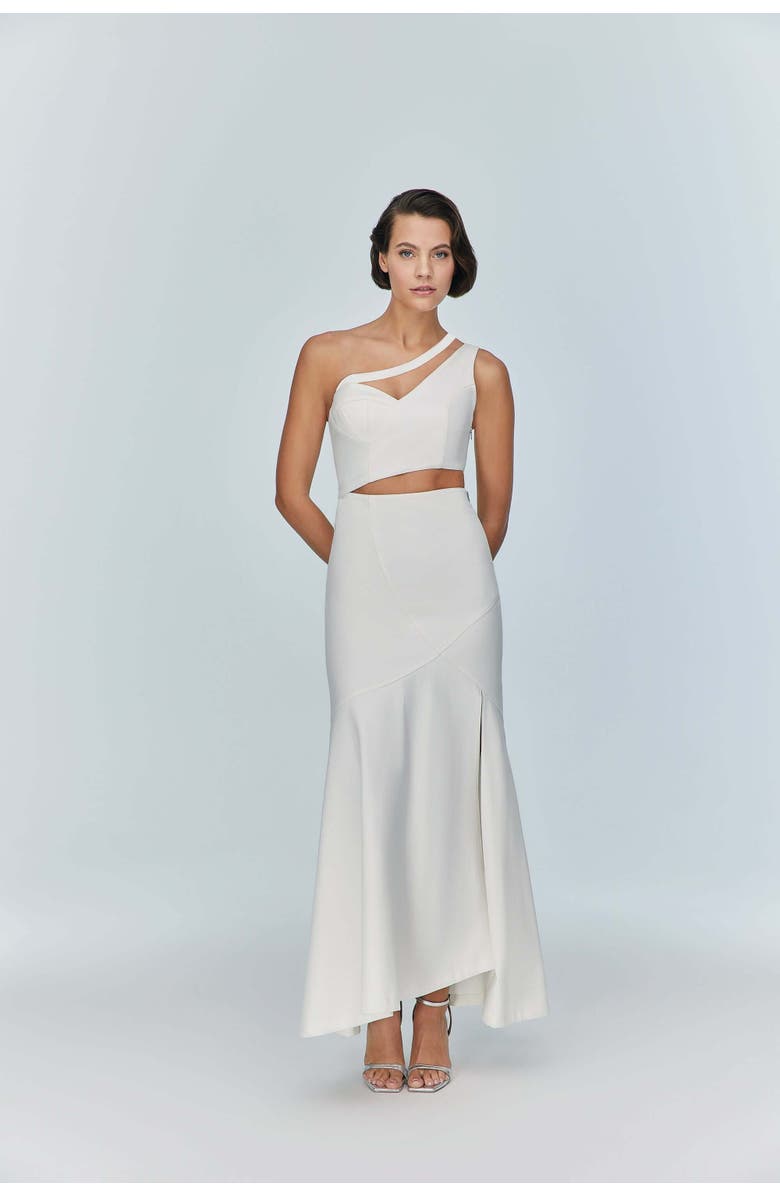 Jendue US Ron Asymmetric White Denim Maxi Dress, Alternate, color, White