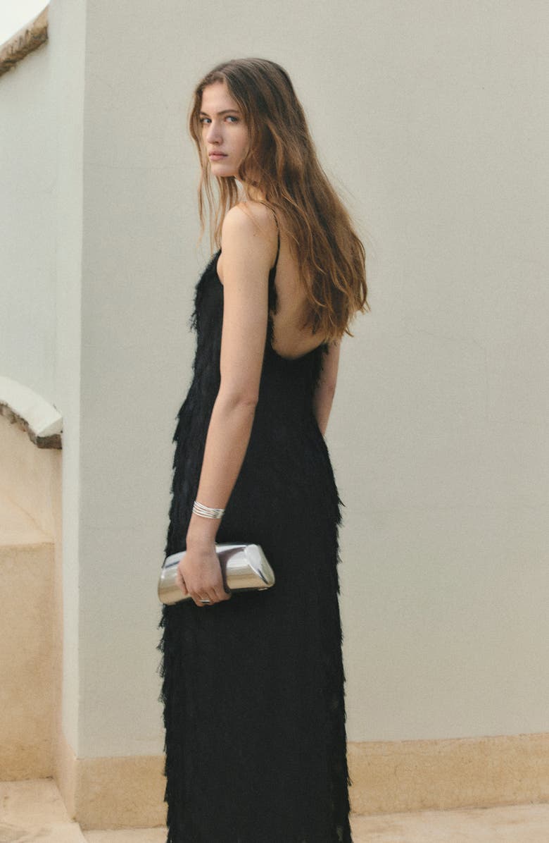 MANGO Frayed Sleeveless Maxi Slipdress, Alternate, color, Black