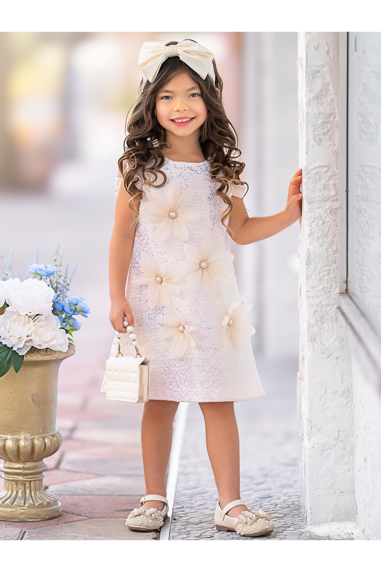Girls  Sequin Daisy Pearl-Accent Shift Dress, Alternate, color, Pink
