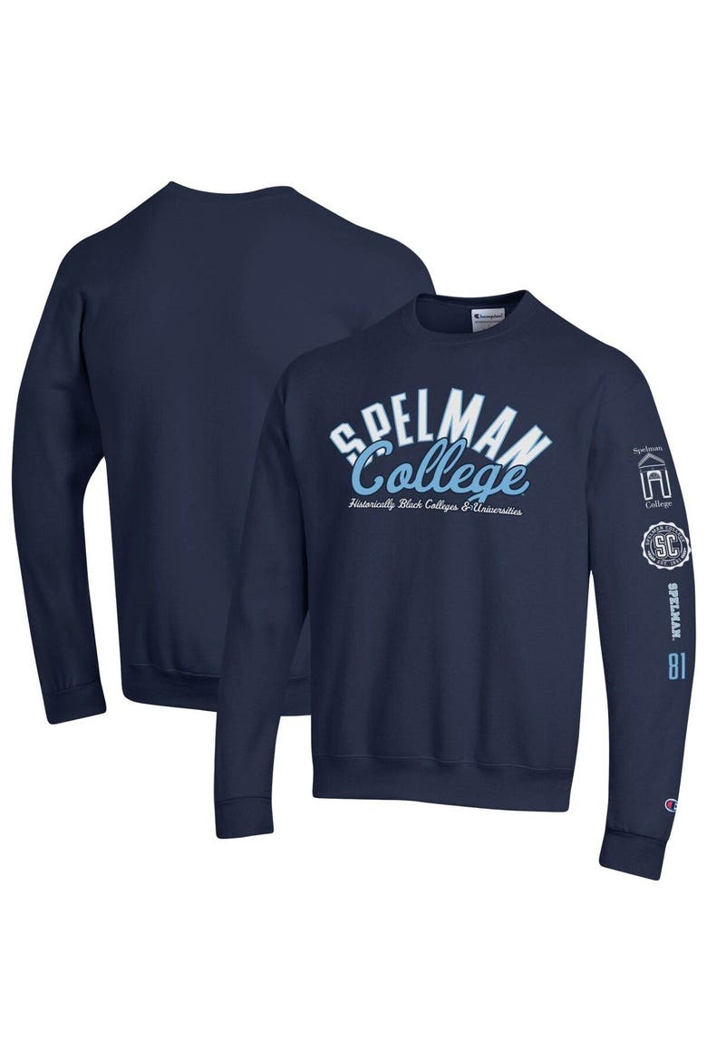 Men's Champion Navy Spelman College Jaguars 2-Hit Powerblend Pullover Sweatshirt, Main, color, Navy