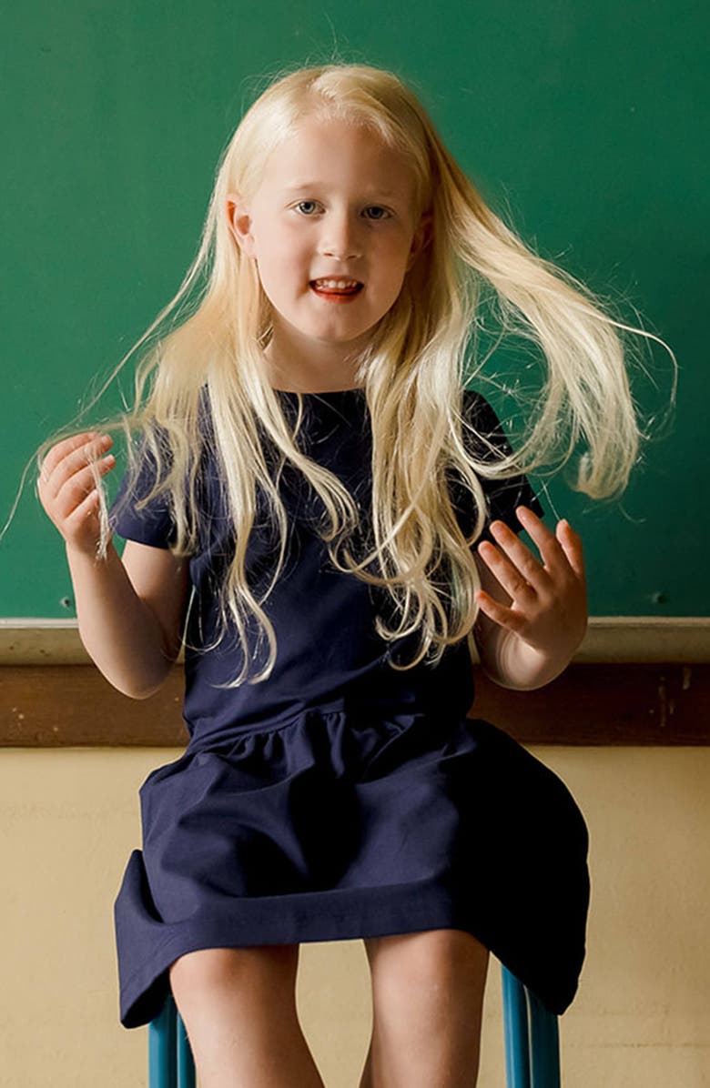 Mightly Organic Cotton Short Sleeve Drop Waist Tier Dress, Alternate, color, Navy