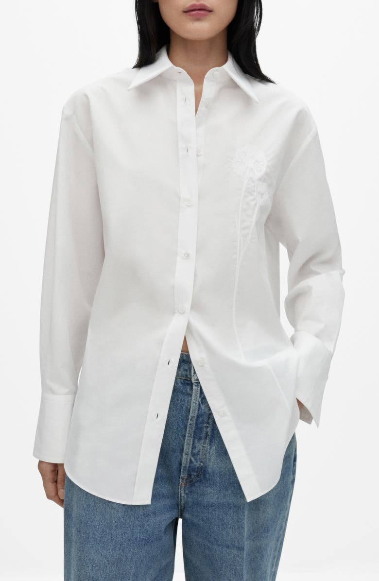 MANGO Oversize Embroidered Poplin Button-Up Shirt, Main, color, 