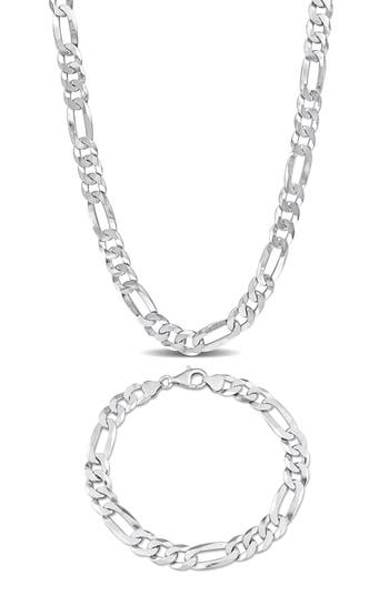 Delmar Flat Figaro Chain Necklace & Bracelet Set In Silver