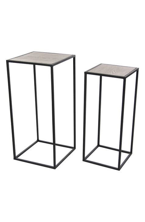 Black Metal Contemporary Accent Table with Brown Wood Top - Set of 2