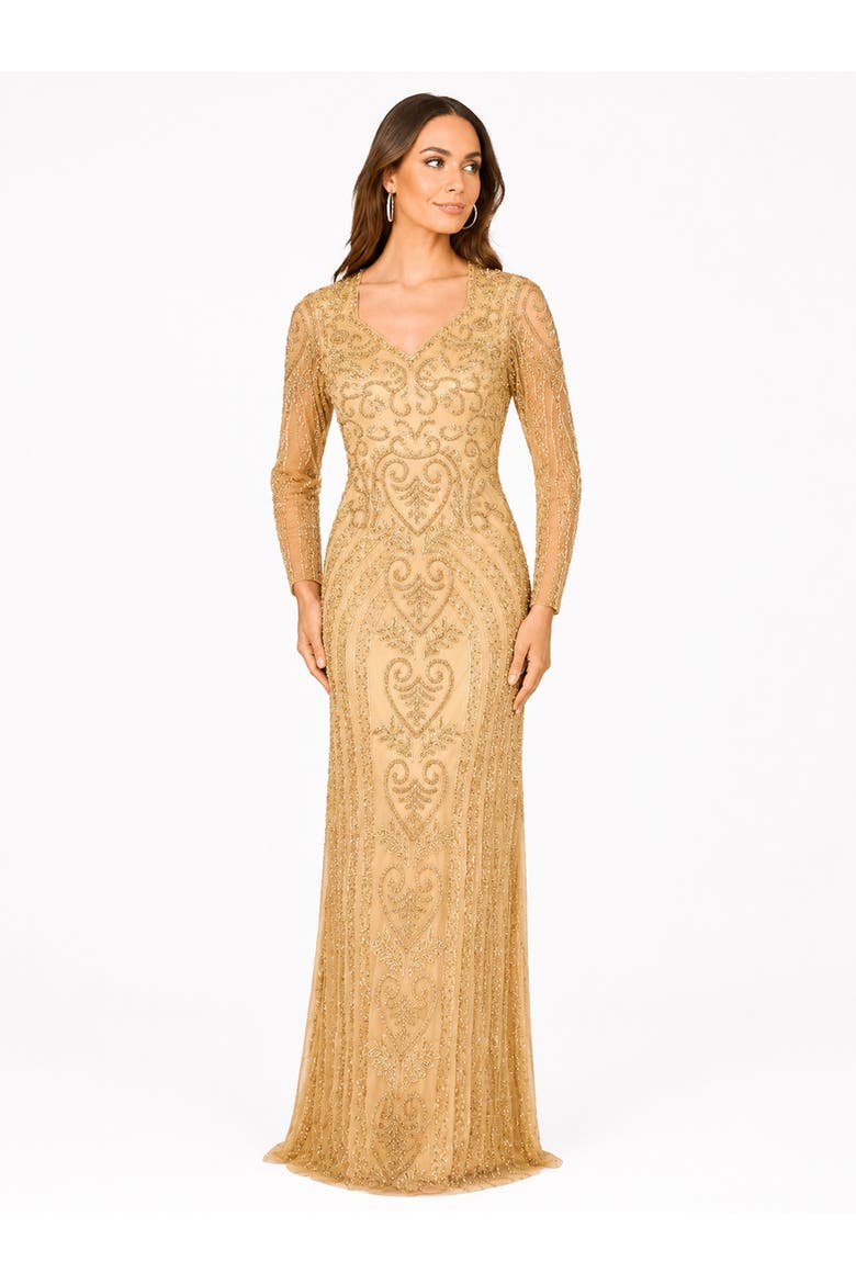 Beaded Faux-Wrap V-Neck Bridal Gown, Alternate, color, Gold