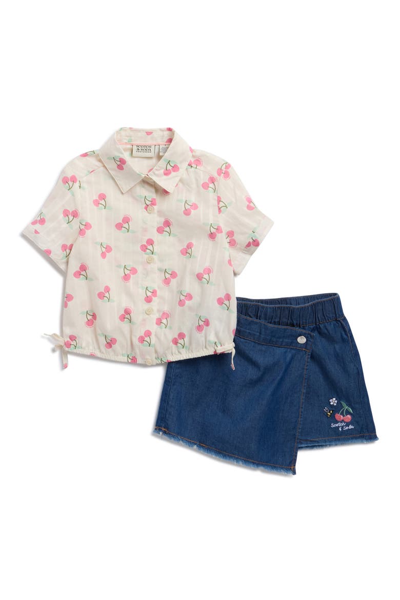 Kids' Button-Up Shirt & Denim Skort Set, Main, color, EGGNOG