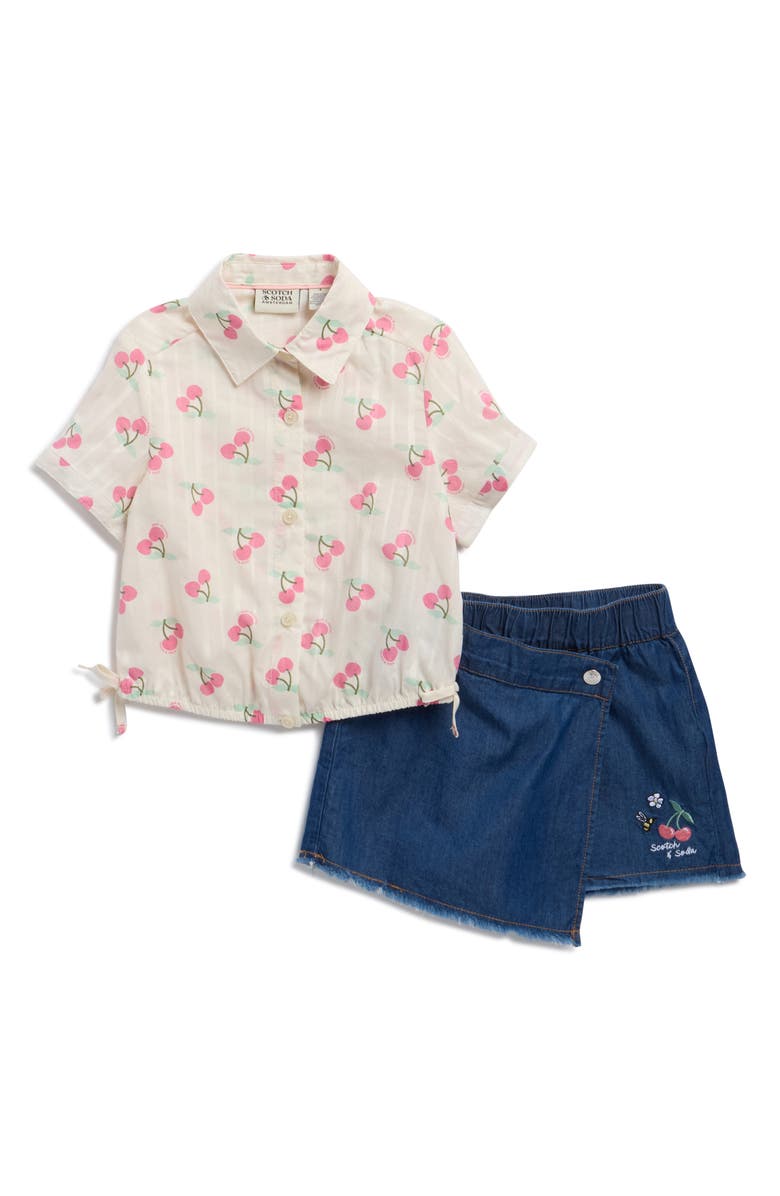 Scotch & Soda Kids' Button-Up Shirt & Denim Skort Set, Main, color, Eggnog