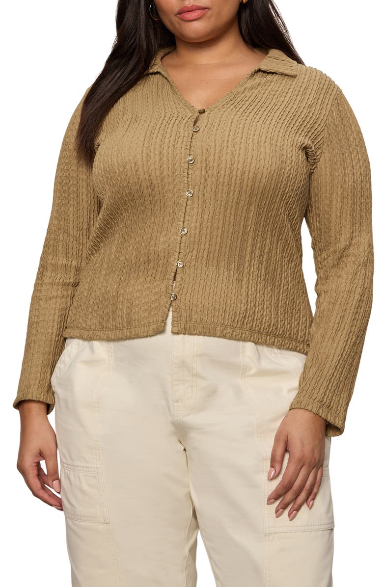 Sanctuary Textured Knit Button-Up Shirt, Main, color, Covert Green