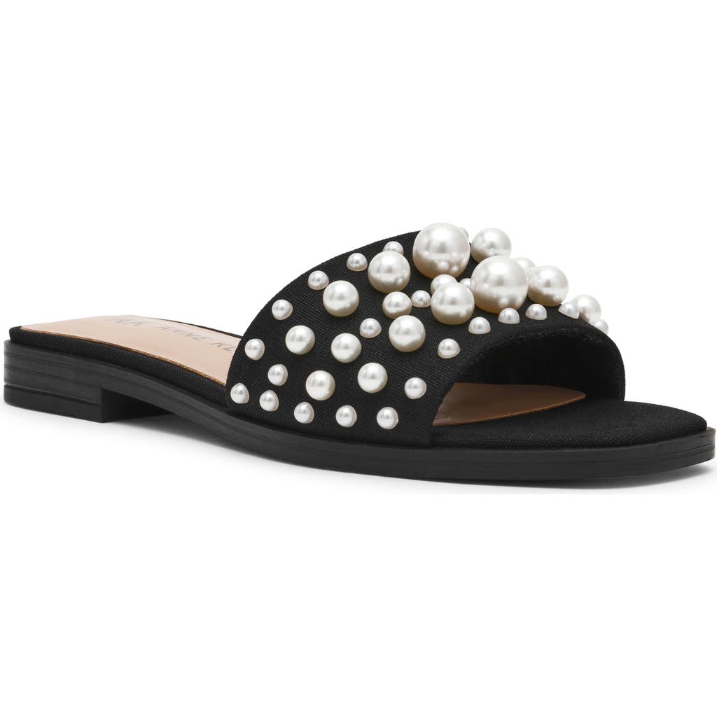 Anne Klein Eugenie Faux Pearl Slide Sandal In Black Canvas