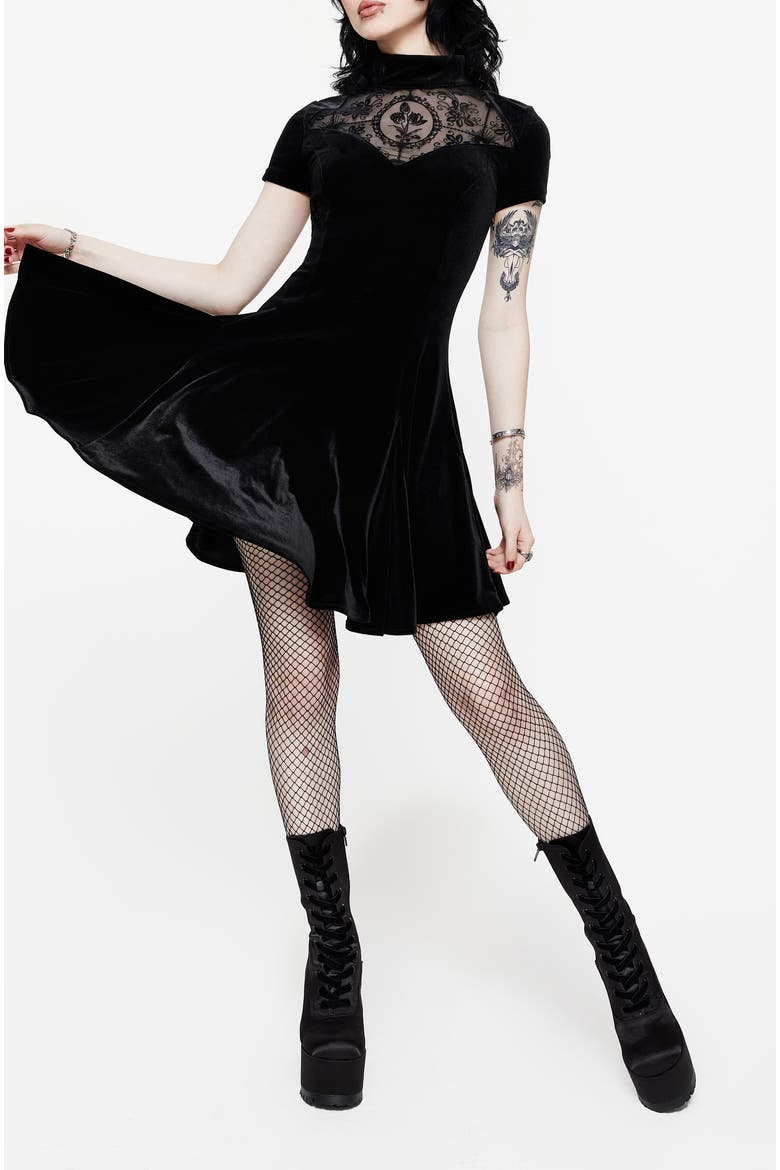 Cameo High Neck Flocked Mini Dress, Alternate, color, Black