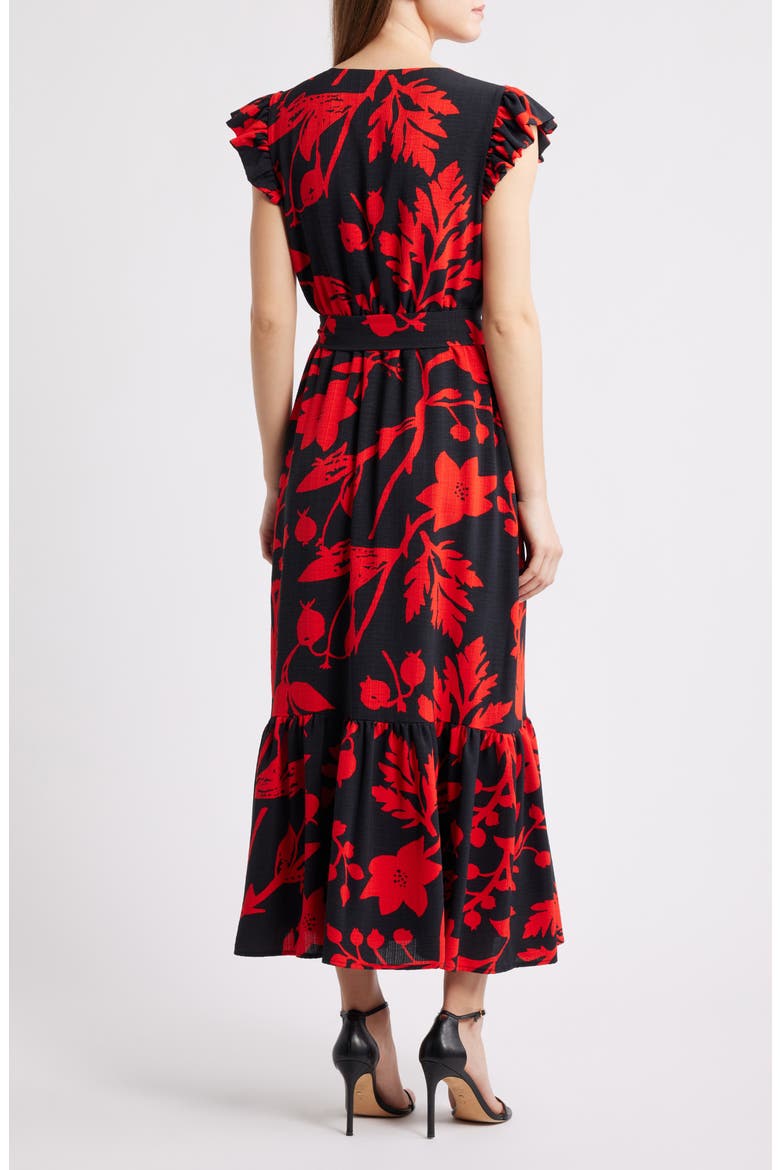 Floral Print Flutter Sleeve Tie Waist Maxi Dress, Alternate, color, BLACK/ RED