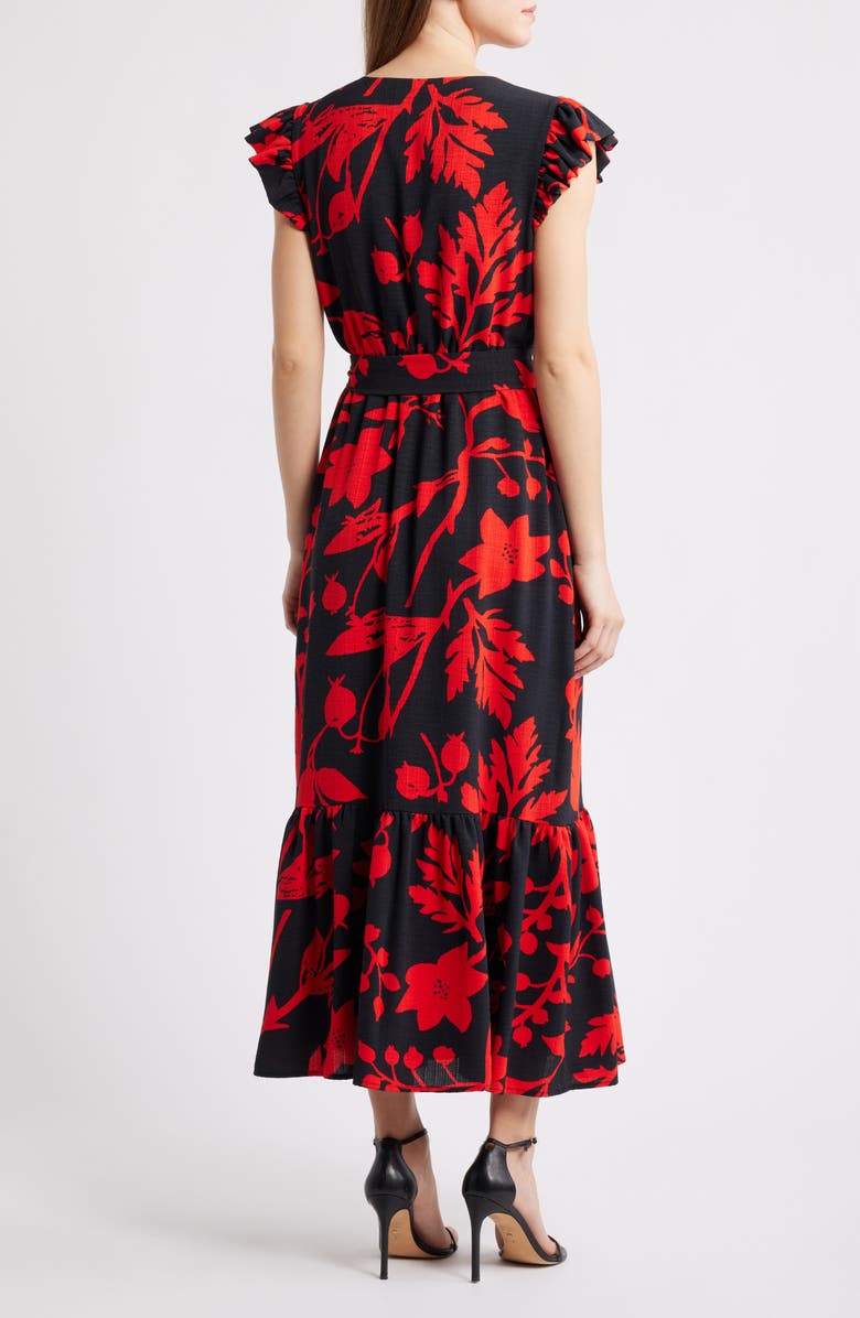 Sam Edelman Floral Print Flutter Sleeve Tie Waist Maxi Dress, Alternate, color, Black/ Red