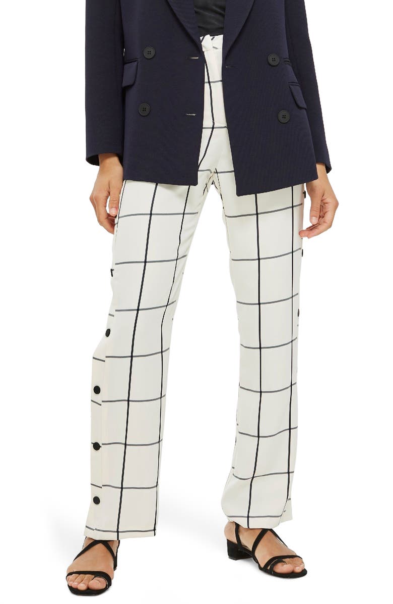 Topshop Check Popper Wide Leg Trousers, Main, color, Monochrome