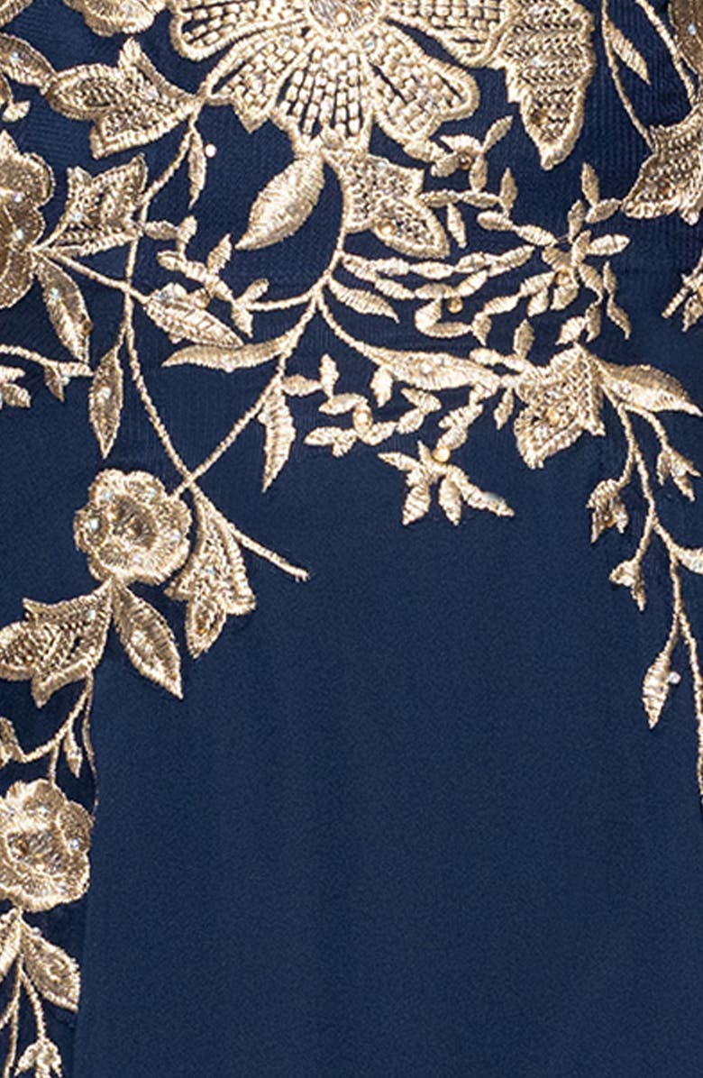 Betsy & Adam Metallic Embroidery Chiffon Gown, Alternate, color, Navy/ Gold