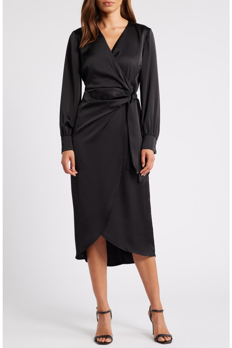 Fluid Long Sleeve Satin Faux Wrap Midi Dress, Main, color, BLACK