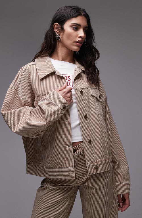 Topshop Stripe Denim Balloon Sleeve Jacket In Neutral
