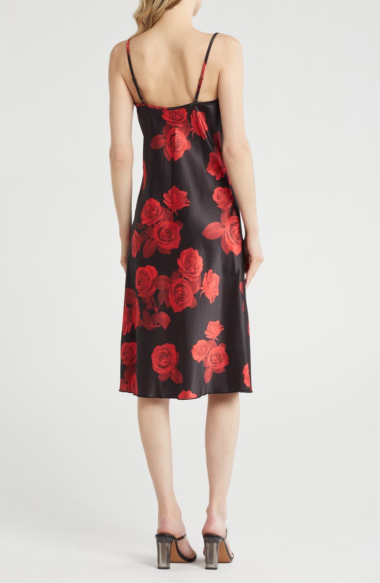 bebe Printed Satin Bias Midi Dress, Alternate, color, Black Rose