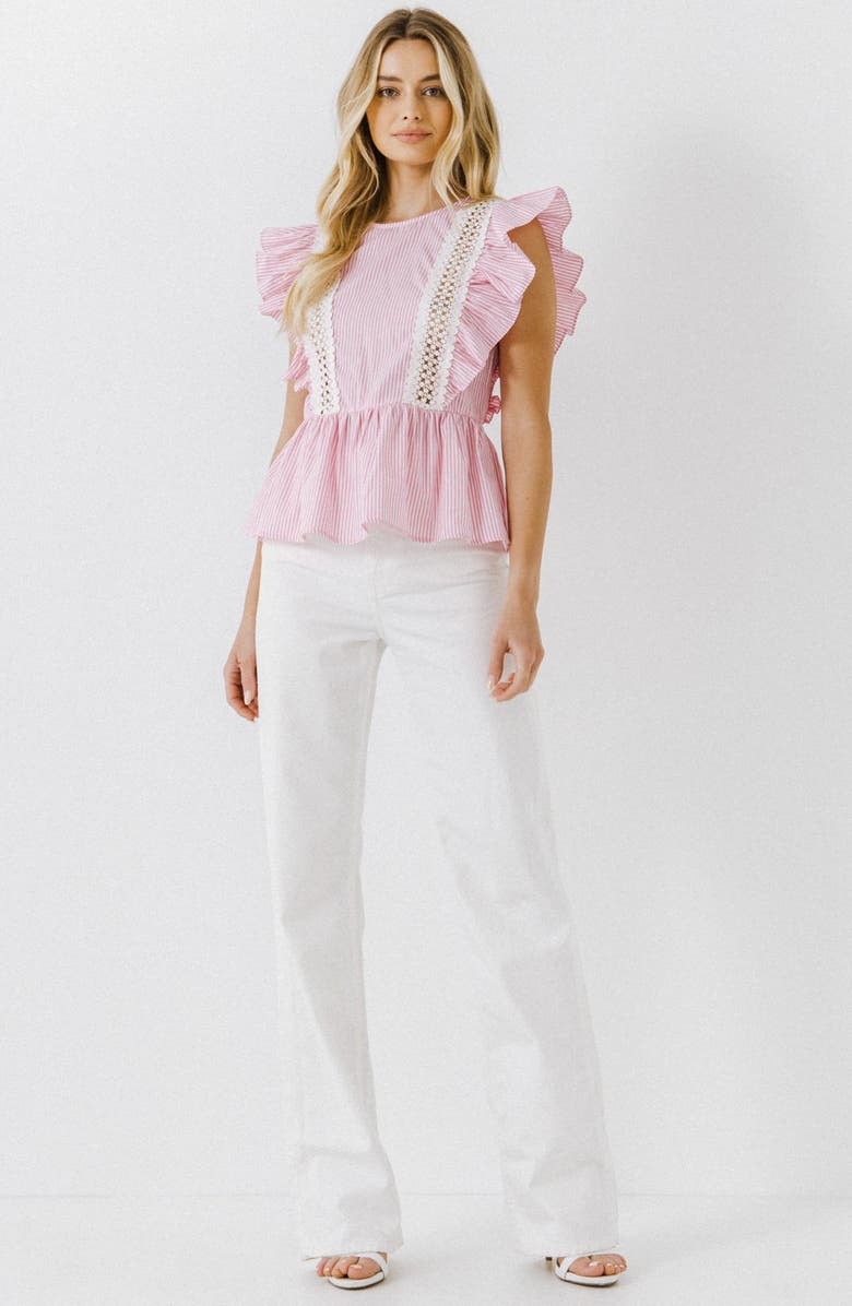 English Factory Stripe Ruffle Sleeveless Cotton Blouse, Alternate, color, Pink White Stripe
