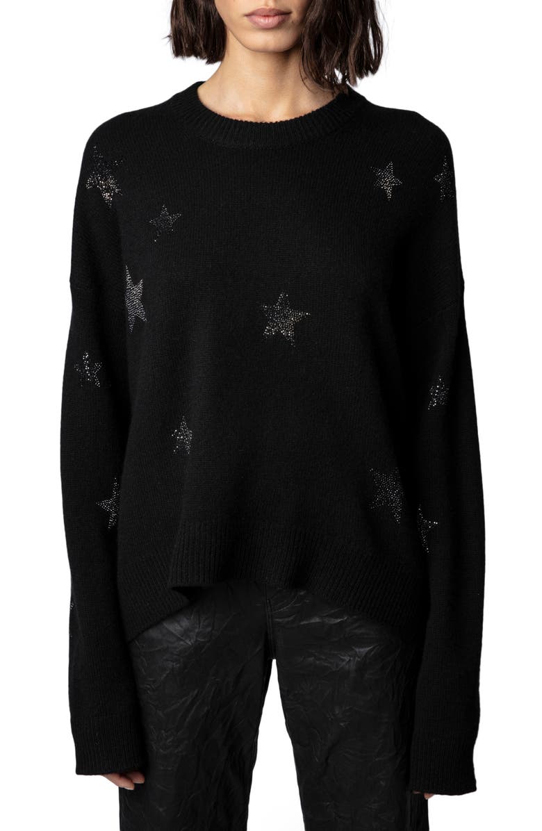 Zadig & Voltaire Markus Rhinestone Star Embellished Cashmere Sweater, Main, color, 