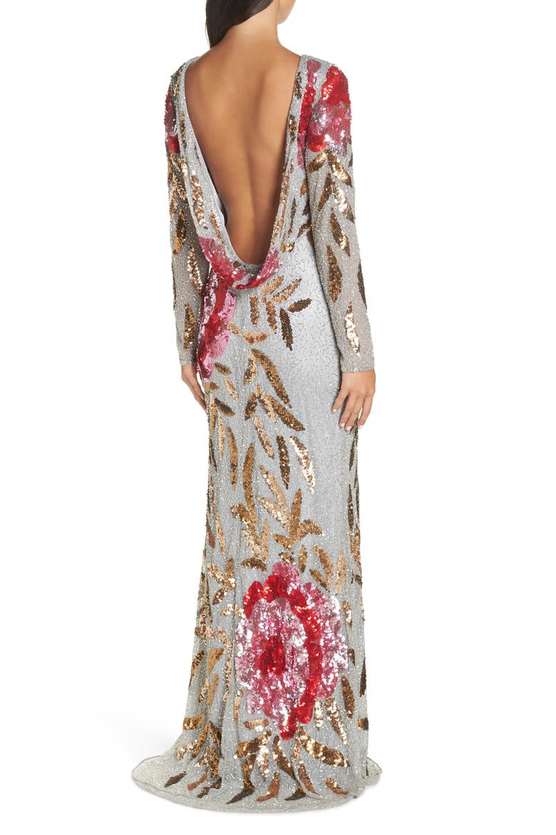 Long Sleeve Sequin Column Gown, Alternate, color, PLATINUM