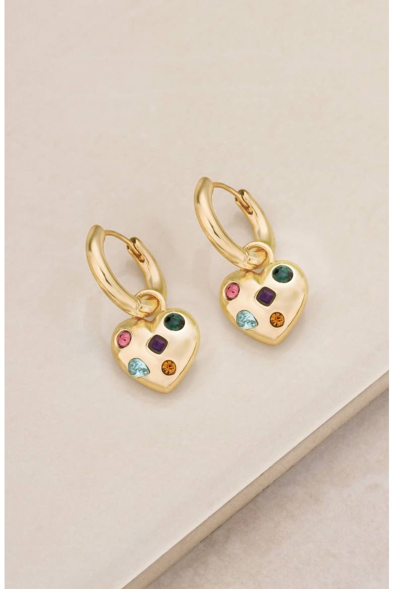 Rainbow Crystal Heart Drop Huggie Hoop Earrings, Alternate, color, GOLD