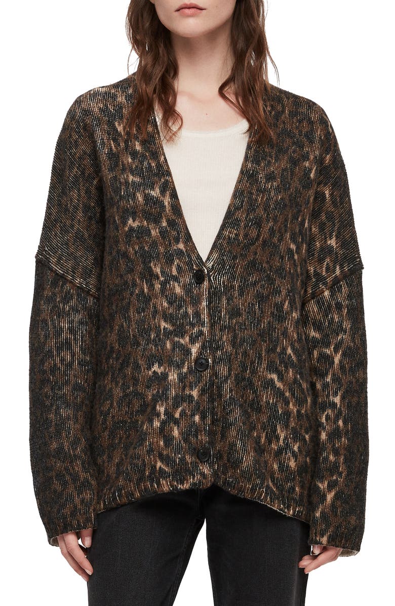 AllSaints Ph Leopard Wool Blend Cardigan, Main, color,