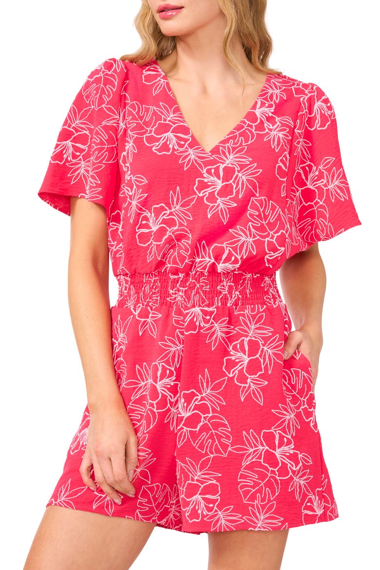 Floral Embroidered Smocked Waist Romper, Alternate, color, MAGENTA