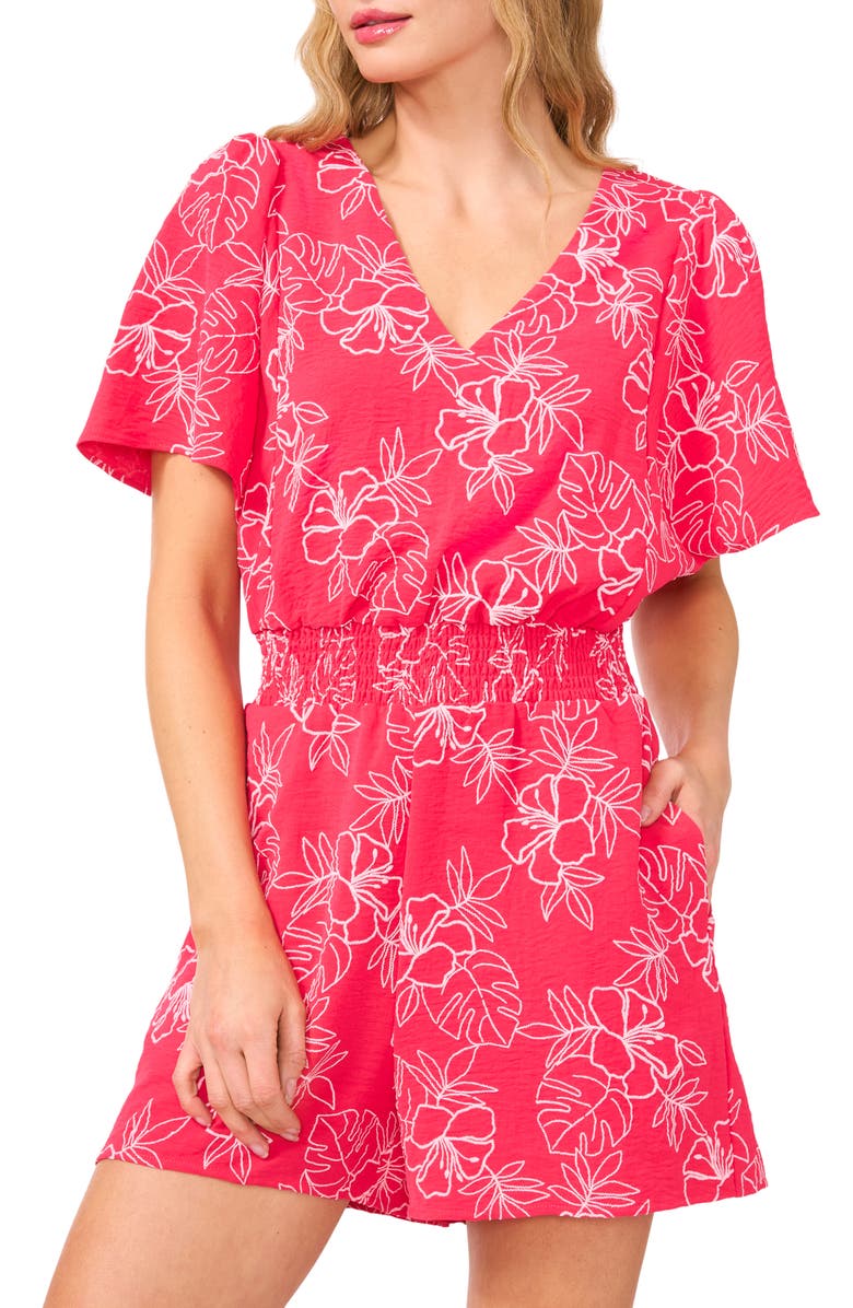 CeCe Floral Embroidered Smocked Waist Romper, Alternate, color, Magenta