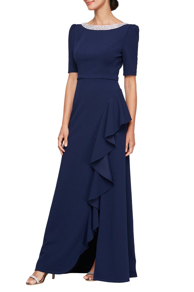 Embellished Neck A-Line Gown, Main, color, NAVY