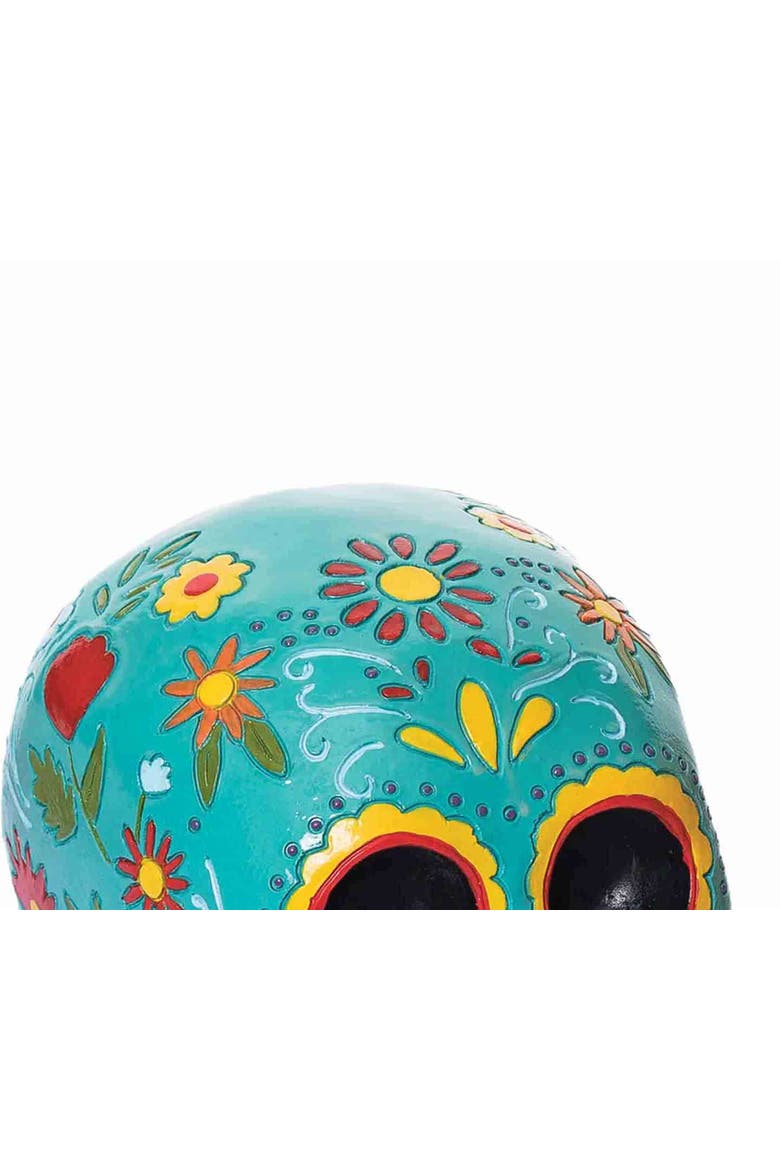 Aqua Floral Sugar Skull Decorative Figure Figurine, Alternate, color, Blue