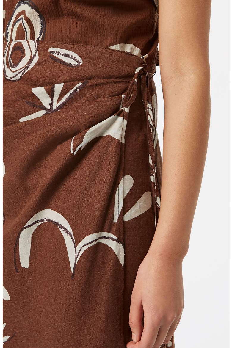 Print Stretch Linen Blend Midi Wrap Skirt, Alternate, color, INKY SUN BROWN