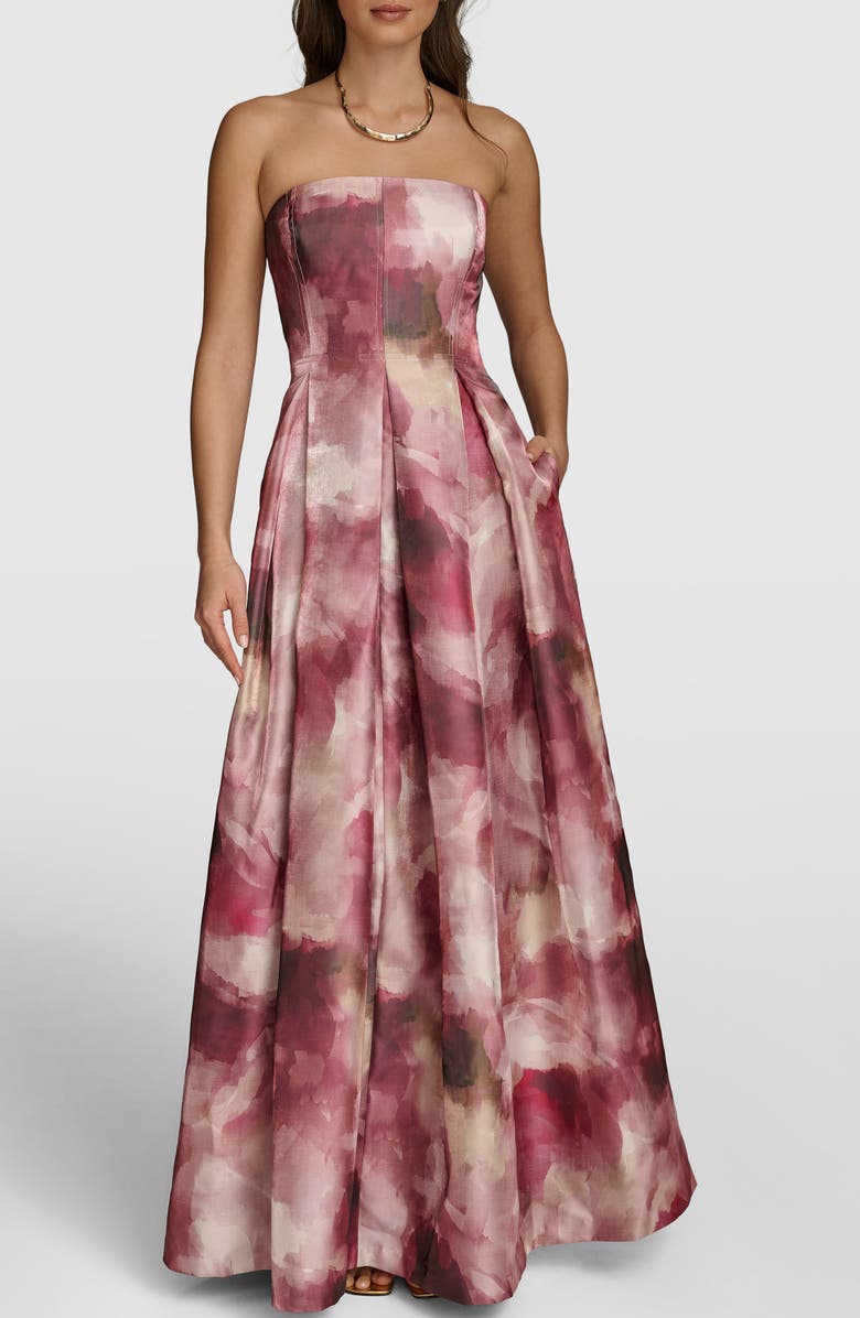 Donna Karan New York Watercolor Print Strapless Gown, Main, color, 