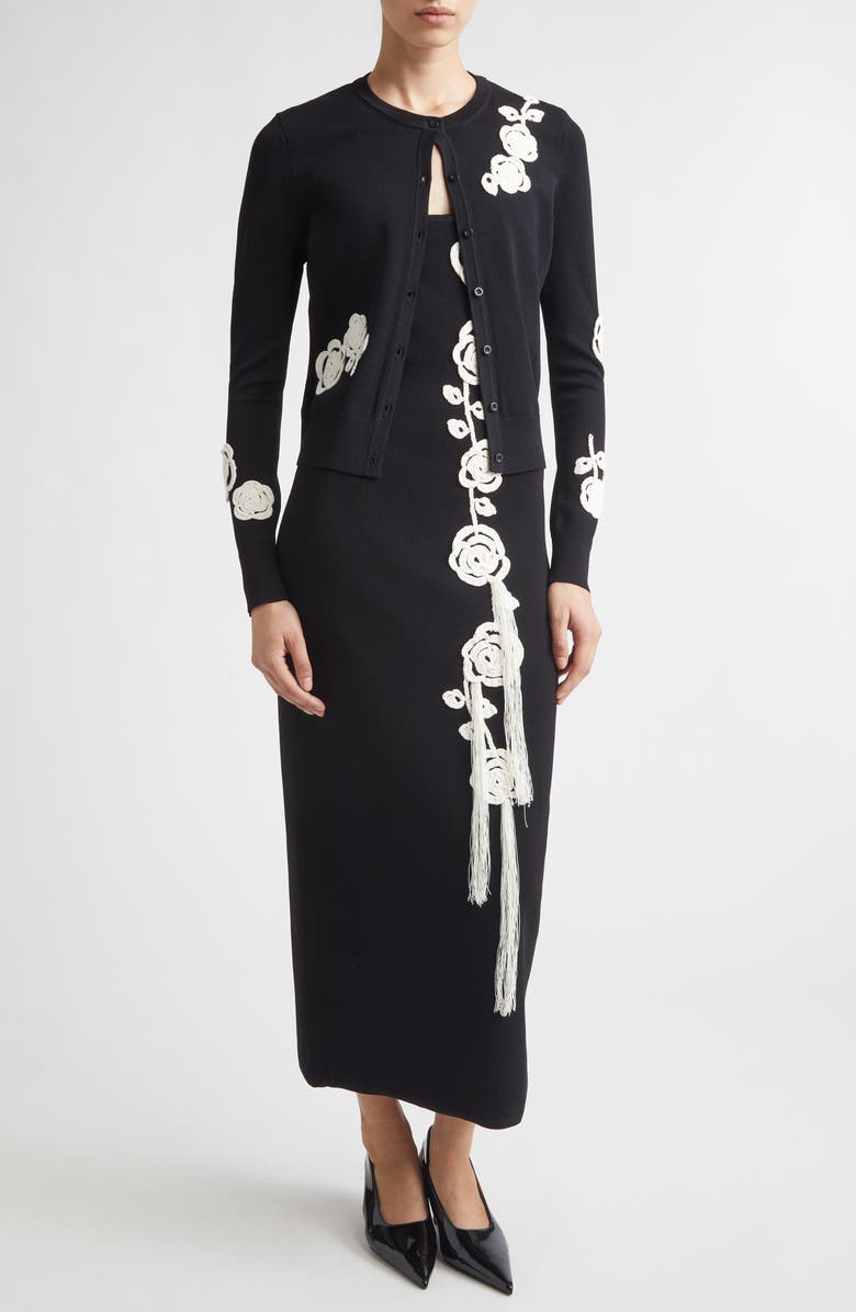 Lela Rose Crochet Appliqué Cardigan, Alternate, color, Black