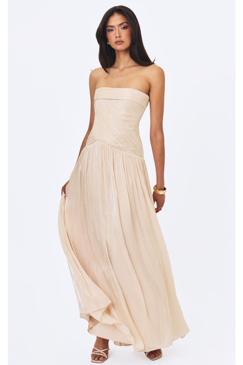 Olivine Crystal Organza Strapless Maxi Dress, Main, color, Beige