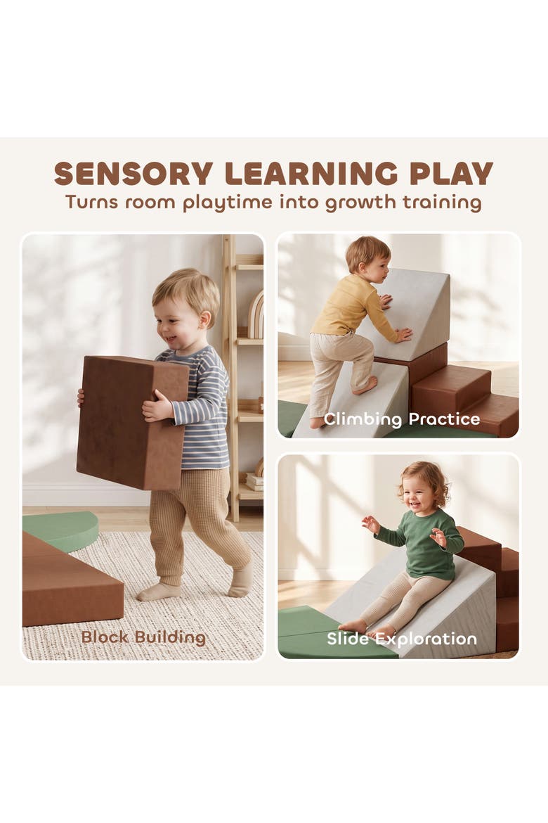 Toddlers Foam Climbing Blocks with Velvet Fabric, 8 Piece Baby Climbing Toys with 28D High-Density Foam, Non-Slip Design Brown, Alternate, color, Brown