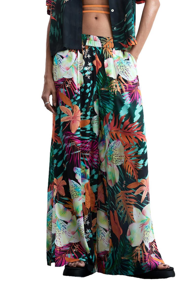 Tropical Print Wide Leg Trousers, Main, color, BLACK