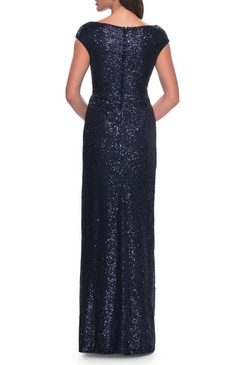 La Femme Sequin Evening Dress With Ruching And V Neckline In Navy