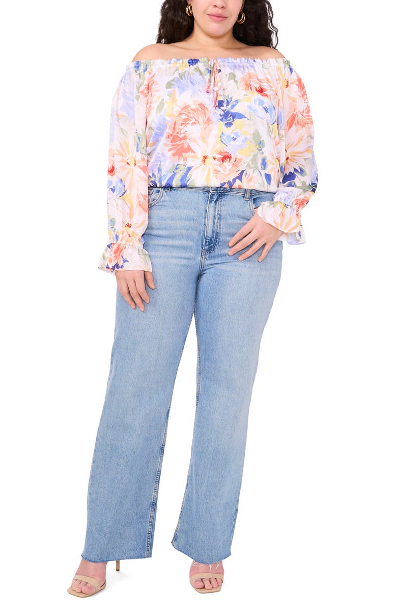 Vince Camuto Floral Keyhole Off the Shoulder Top, Alternate, color, Ultra White