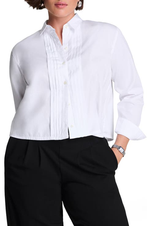 Pintuck Crop Cotton Poplin Button-Up Shirt
