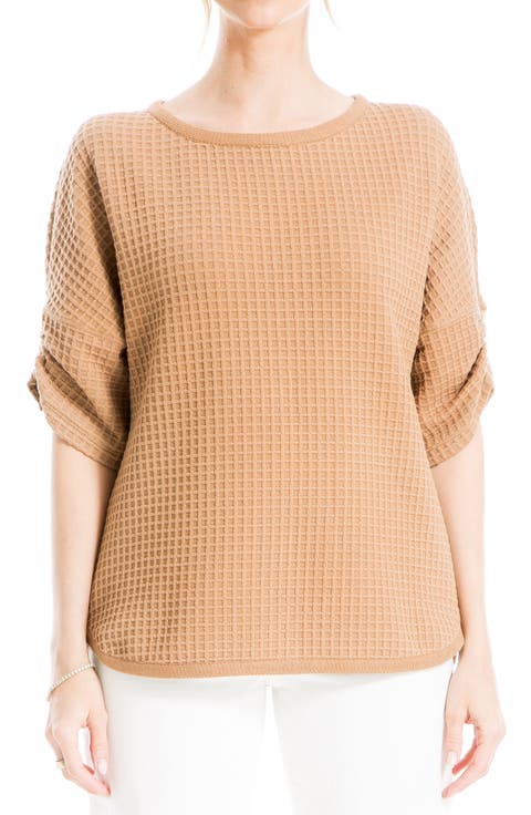 Ruched Elbow Sleeve Waffle Knit Top