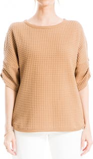 MAX STUDIO Ruched Elbow Sleeve Waffle Knit Top