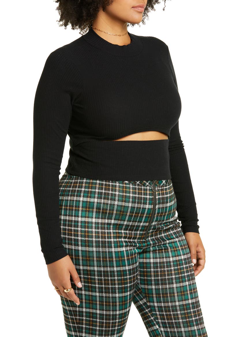 Mock Neck Rib Cutout Top, Alternate, color, BLACK