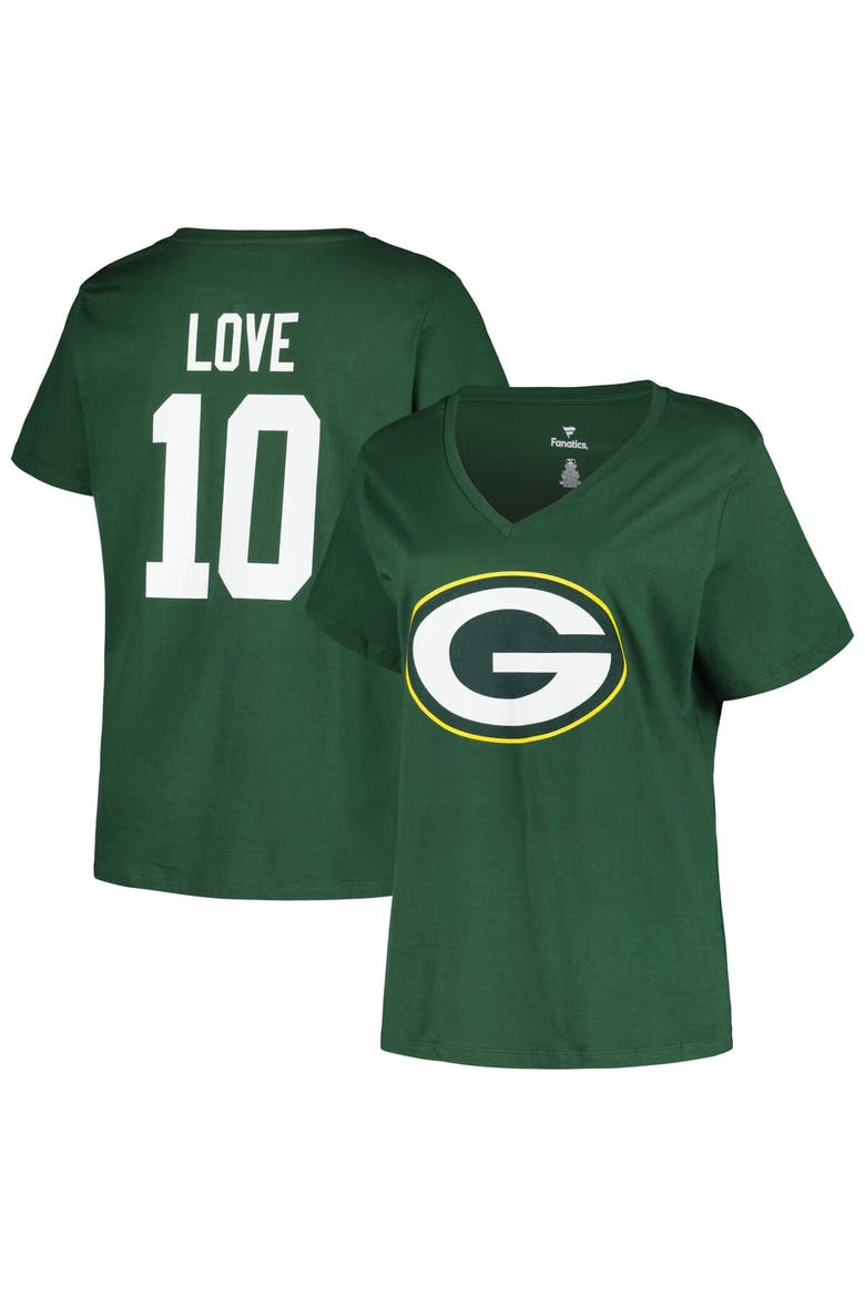 Women's Jordan Love Green Green Bay Packers Plus Size Fair Catch Name & Number V-Neck T-Shirt, Main, color, Green