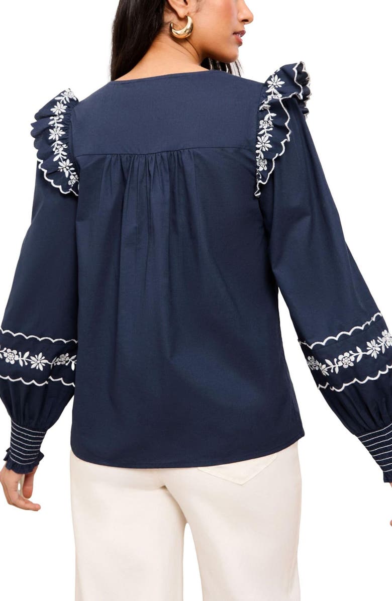 Friends Like These Ruffle Embroidered Scallop Trim Top, Alternate, color, Blue