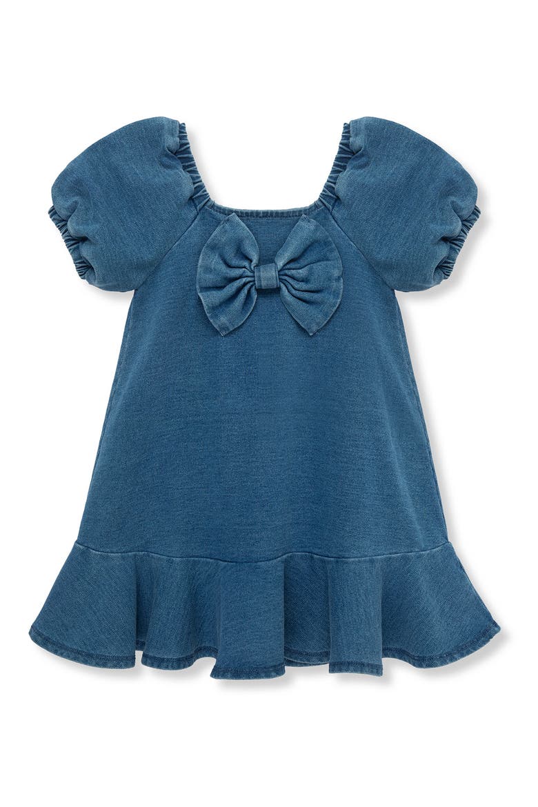 Kids' Bow Puff Sleeve Knit Denim Dress, Main, color, MED STONE