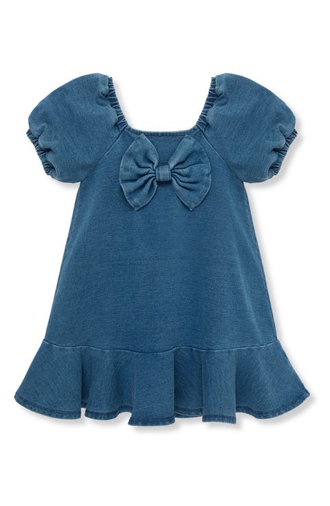 Kids' Bow Puff Sleeve Knit Denim Dress (Toddler & Little Kid)