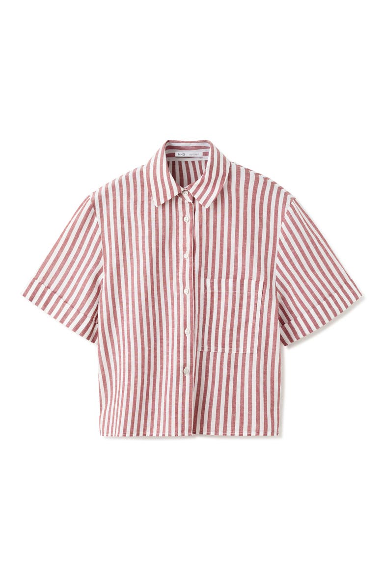 Stripe Short Sleeve Cotton & Linen Button-Up Shirt, Alternate, color, MAROON