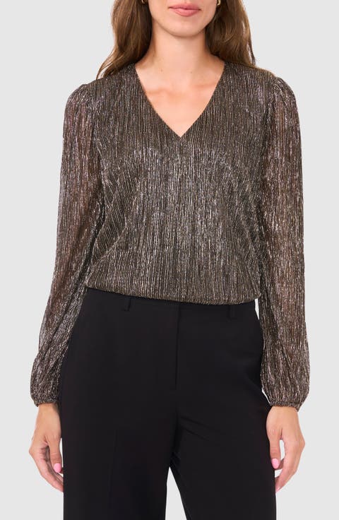 Metallic Plissé V-Neck Top