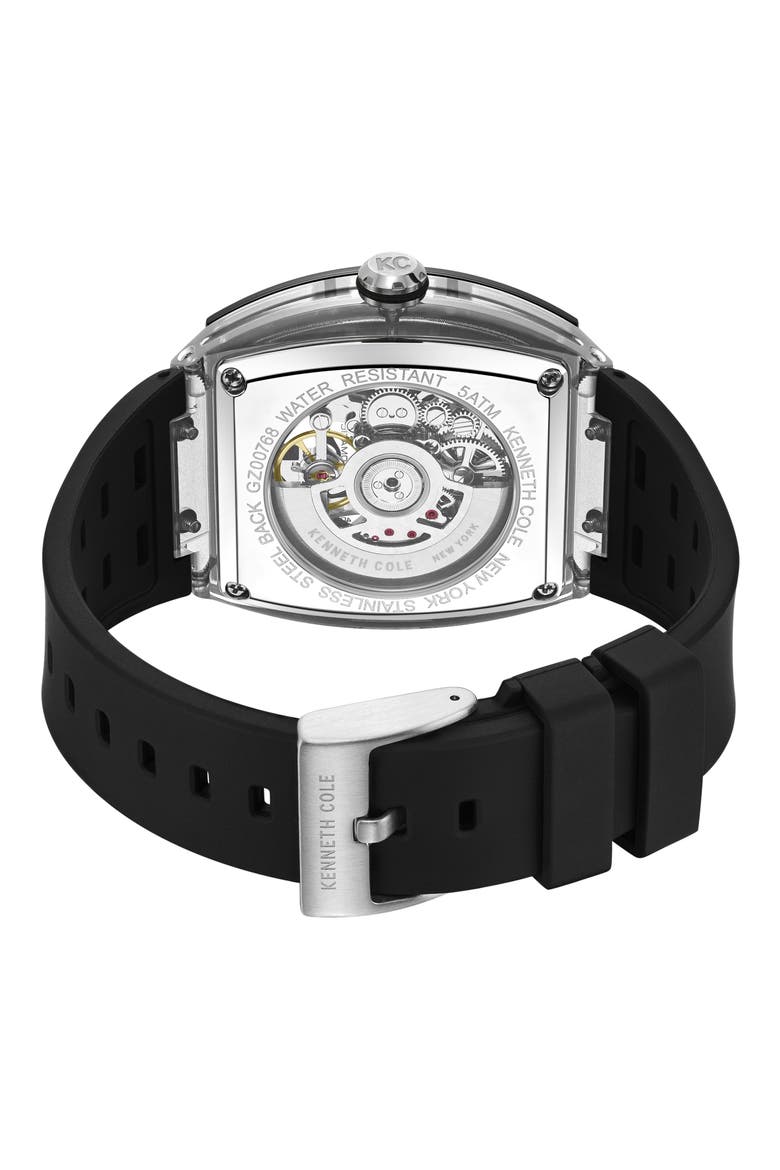 Skeleton Tonneau Automatic Silicone Strap Watch, 41.5mm x 53.5mm, Alternate, color, BLACK