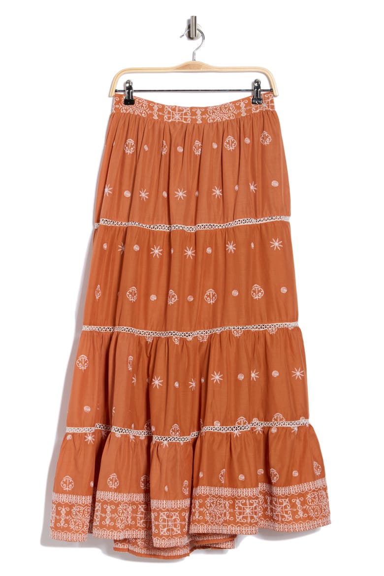 Embroidered Tiered Cotton Skirt, Alternate, color, TERRACOTTA/ WHITE